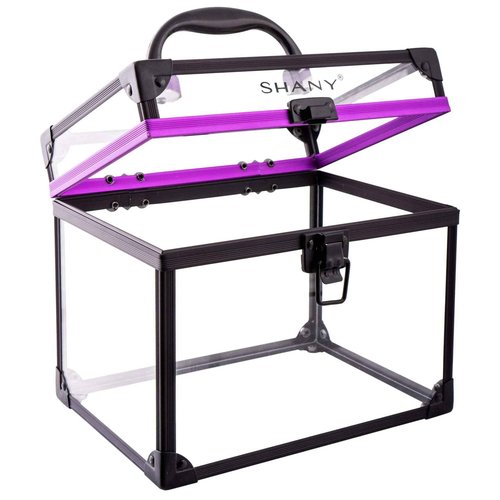 SHANY Clear Cosmetics and Toiletry Train Case - Clear Travel Makeup Bag Case Organizer with Secure Closure and Black/Purple Accents - 3PC Set