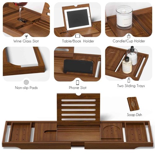 Wooden Bathtub Tray for Luxury Bathroom, Expandable Premium Teak Bath Tray, Adjustable Bath Accessories for Tub, as Unique Housewarming, Holiday, Birthday Gifts