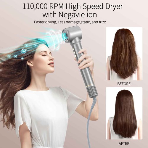 REITOW 5-in-1 Blow Dryer Brush Set - 110,000 RPM High Speed Hair Dryer & Airbrush Hair Multi Styler - No Heat Damage Auto Wrap Air Curler - Magic Hot Air Styler for at Home Styling Women Gray