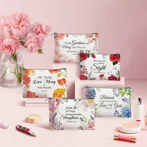 twinklemon 24PCS Christian Canvas Makeup Bags Bulk Inspirational Cosmetic Bags for Women Bible Verse Canvas Zipper Pouch Bulk Religious Makeup Organizer Bags Christian Gifts for Women(Flower)