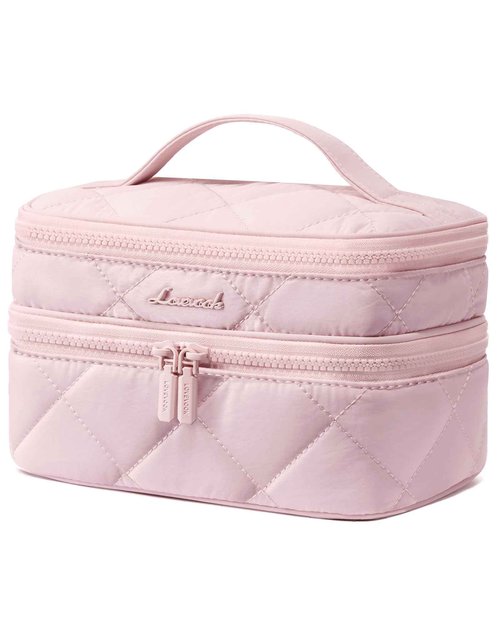 LOVEVOOK Travel Makeup Bag,Large Open Flat Tolietry Bag for Women,Waterproof Portable Cosmetic Pouch,Double Layer Quilted Makeup Bag Organizer With Handle,Travel Essentials,Gift for Her