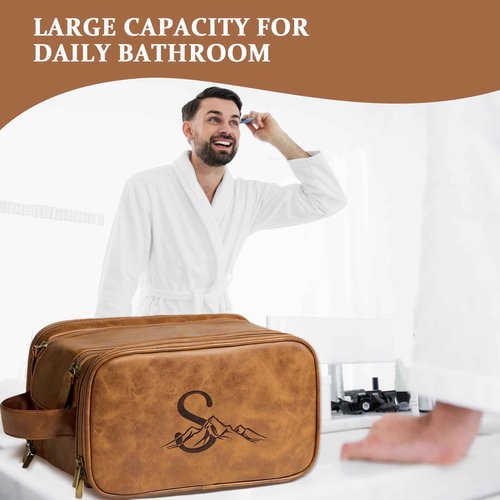 Janhavi Personalized Toiletry Bag for Men, Beach Vacation Travel Essentials, Waterproof Toiletry Bag with Hook, Laser Engraved Initials & Mountain, Birthday Gifts For Him (Brown B)