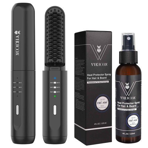 VIKICON Father's Day Gift Set for Men with Beard Hair Straightener & Heat Protectant Spray, Mini & Auto Shut Off Cordless Beard Brush