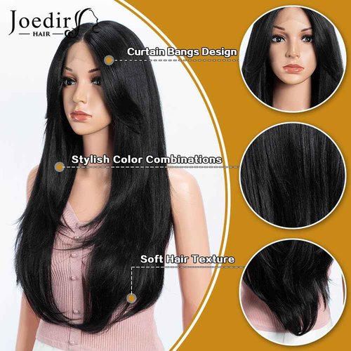 JOEDIR HAIR Synthetic Lace Front Wig for Women Long Layered Hair Wig with Curtain Bangs 24 inch Long Straight Black Hair Wig for Daily Party Cosplay (Color:1B)