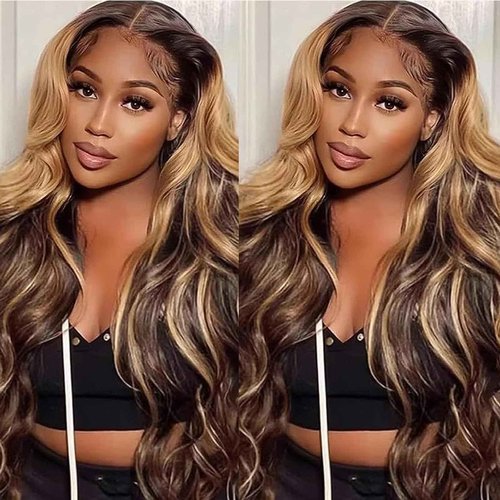 Goldfinch 4/27 Highlight Ombre Lace Front Wigs Human Hair 28 Inch 13x4 HD Transparent Body Wave Honey Blonde Wigs Human Hair 180% Density Pre Plucked Glueless Wigs for Women