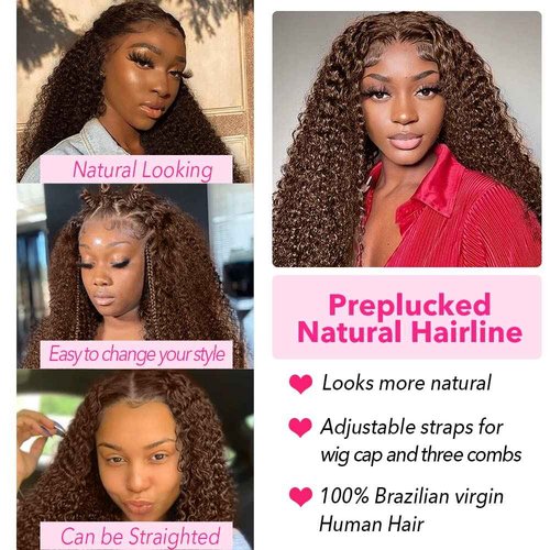 ghotool 250% Density Mongolian Curly Lace Front Wigs Human Hair 13x6 Auburn Brown HD Transparent Lace Front Wigs Human Hair for Women Chocolate Deep Curly Lace Front Wigs Human Hair