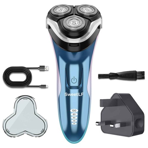 SweetLF Electric Razor for Men with Plus 3 Blades, 120 Min Shaving, 1H Charging,100% Waterproof, Wet & Dry Rotary Electric Shaver with Pop-up Trimmer,Type-C Rechargeable Cordless Shavers Men (Blue)