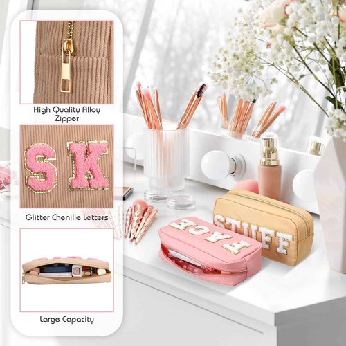 Kajaia 4 Pcs Preppy Makeup Bags Chenille Letter Bag Hair Face Skin Stuff Cosmetic Pouch Cases for Women Travel Toiletry Spend The Night(Simple Color,Charming)
