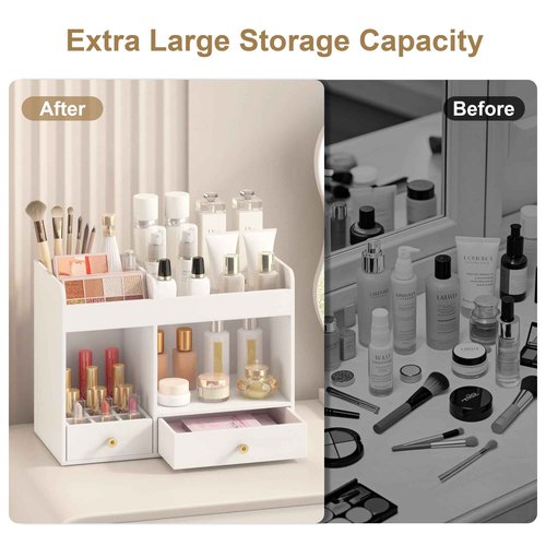 Wisuce Essentials Large Makeup Organizer with Drawers, Bamboo Countertop Cosmetic Storage for Dresser Vanity Organizer Beauty Desk Skincare Holders Container Make Up Organizing for Lipstick