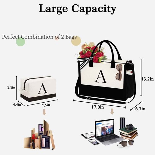 YOOLIFE Birthday Gifts for Sister - Initial Canvas Tote Bag & Makeup Bag, Letter D