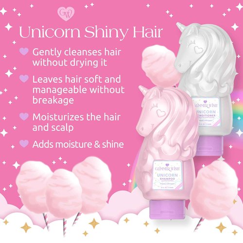 Glimmer Wish Premium Unicorn Shampoo + Conditioner + Body Wash, Vanilla Cotton Candy Scent, Dermatologist Tested, Sulfate & Sulfite Free, Paraben Free, PEG & EDTA Free, 100% Vegan, Cruelty & Gluten
