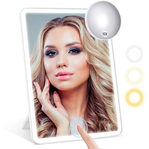 BESWON Rechargeable Travel Makeup Mirror with Lights, Portable Makeup Vanity Mirror with 10X Magnifying Mirror, 3 Color Lighting, High Capacity 2000mAh Battery, Travel Essential