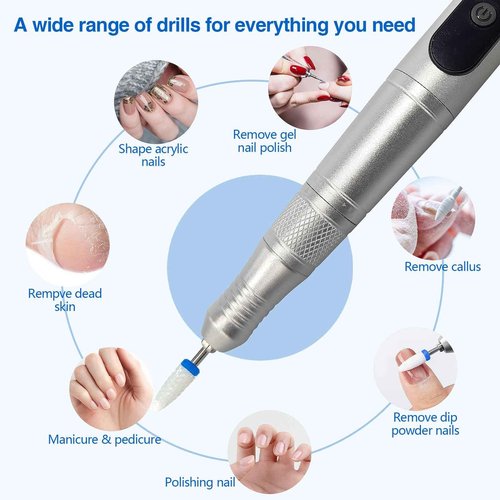 Cordless Nail Drill Set, Rechargeable & Adjustable Speeds Nail Drill Machine, Portable Nail File for Acrylic Gel Dip Powder Nails, Manicure Pedicure Tools Polishing Set for Beginner Silver