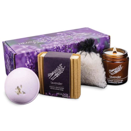 Hemlock Park Lavender Artisanal Spa Gift Box | Apothecary Candle, Shea Butter Soap, Bath Bomb, Mineral Salt Bath Soak | Handcrafted with Plant Based Ingredients