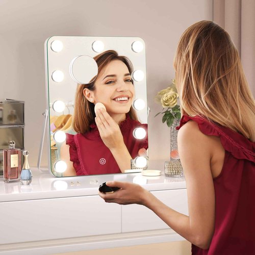 Hasipu LED Makeup Mirror with Bluetooth Speaker, 11" x 14" Hollywood Vanity Mirror with Lights, Rounded Rectangle White Frame, 3 Modes Light, Smart Touch Control Dimmable, 360°Rotation