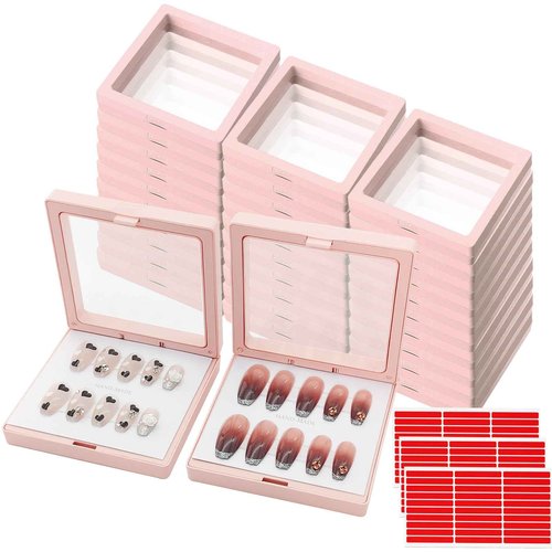 GUXACU 32 Pack Press On Nail Packaging Boxes - 3D Floating Storage and Display Box With 90pcs Double Sided Adhesive Tape for Nail Tech