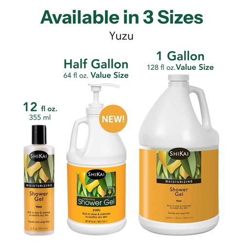 ShiKai Daily Moisturizing Shower Gel (Yuzu, 1 Gallon) | Gentle Soap-Free Formula | with Aloe Vera & Finely Ground Oatmeal for Soft, Healthy Skin | Dry Skin Relief
