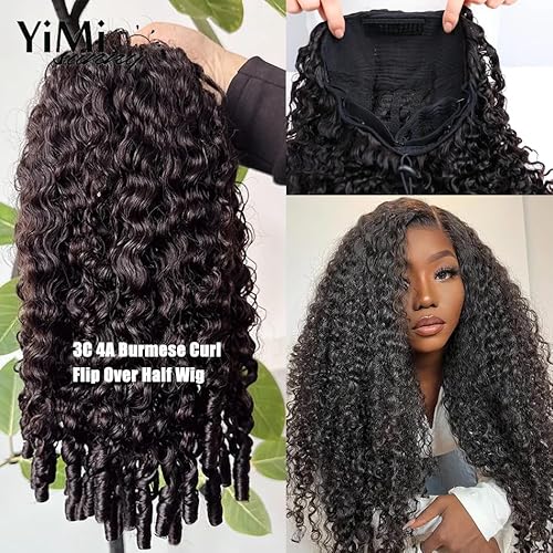 Half Wig Human Hair for Women 14 Inch Burmese Curly Glueless Clip-In Wigs 250% Density 3 IN 1 Half Wigs Flip Over Beginner Friendly Go Drawstring Wig No Glue No Sew Natural Color & Easy Install