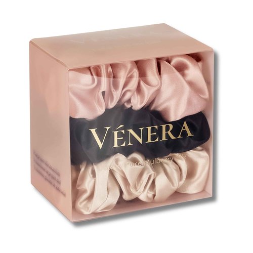 Vénera 100% Pure 22 Momme Mulberry Silk Scrunchies -Frizz&Breakage Prevention-Hair Care Ponytail Holders for Women- Silk Hair Ties (Black, Caramel, Pink)