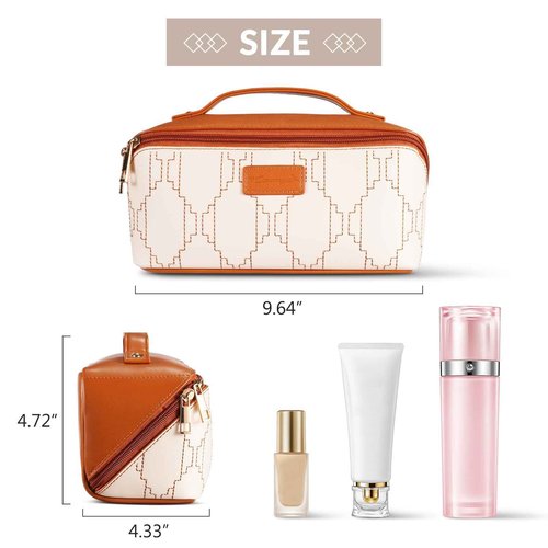 Brown PU Leather Travel Makeup Bag with Dividers,Handle, and Wipe-clean Brush Compartment, Waterproof Large Checkered Travel Cosmetic Bag, Portable Open Flat Toiletry Bag for Women,Brown
