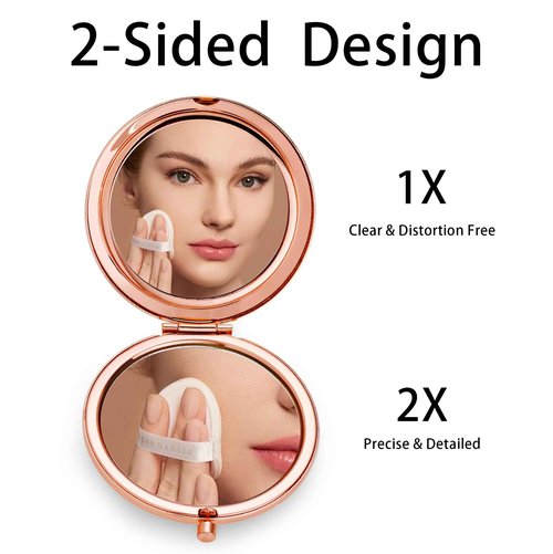 QUSTGO Compact Mirror, Pocket Travel Makeup Mirror for Purse, Metal Round Shell, 2-Sided 1X/2X Magnifying, Portable, Folding, Handheld, Rose Gold, 12 Pack