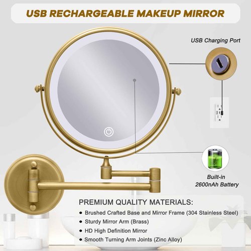 LEDOOLE Wall Mounted Lighted 8 Inches Rechargeable Double-Sided 1X/10X Magnifying Mirror for Makeup, 3 Colors Led, Touch Dimmable, Memory Function, 360 Rotation, Foldable, Brushed Antique Brass
