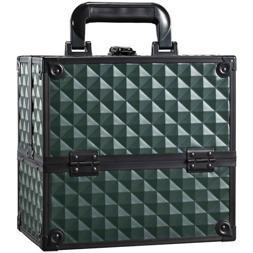 FRENESSA Makeup Case Makeup Box Cosmetic Train Cases Portable Make Up Artist Travel Case Storage Box 4 Trays with Dividers Lockable Hard Makeup Box Craft Nail Kits Case Drak Green