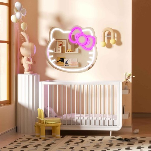 MCJSGSP Anime Hello Kit Cat Neon Sign Mirror L16.1 W14 Vanity Mirror with Lights Bedroom Wall Mirror for Pink Room Decor and a Makeup Mirror with Lights Teen Girl Gifts