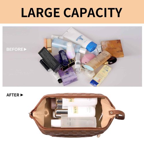 Abiudeng Large Makeup Bag for Women,Travel Makeup Organizer with Brush Holder, Dopp Kit Essentials,Waterproof Checkered Cosmetic Bag for Traveling,Multi Compartment,Cute,Spacious Capacity-Brown