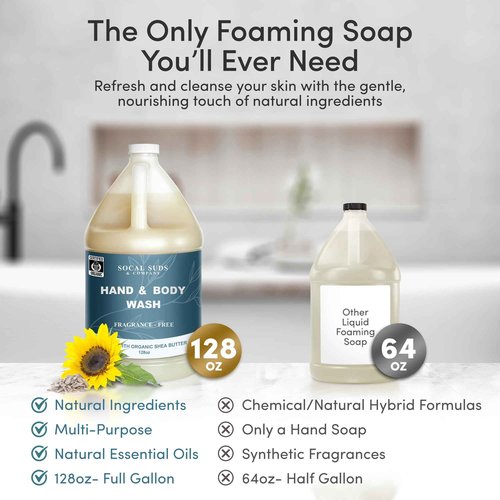 SoCal Suds & Company 128oz Certified Organic Hand & Body Wash w/Shea Butter- Gentle Natural Body,Baby & Face Wash for Sensitive Skin, Moisturizing Thick Castile, Hand Soap and More - Fragrance Free