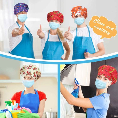 6 Pcs Christmas Bouffant Scrub Cap with Buttons Adjustable Working Hats Surgical Cap with Sweatband for Women Men