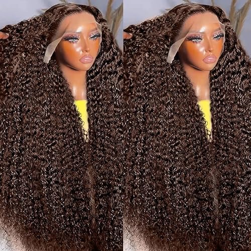 13x6 Deep Wave HD Lace Front Wigs Human Hair 220% Density Chocolate Brown Curly Human Hair Wigs for Women HD Lace Front Wet and Wavy Wigs Pre Plucked Virgin Hair 20inch
