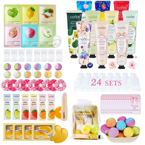 216 Piece Girls Spa Party Supplies Set for 24 Guests,Include Face Masks,Hand Creams, Eye Patches, Bath Bombs, Lip Balms,Thank You Tags,Satin Fabric headbands and organza gift bags