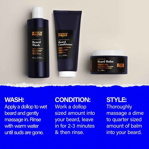 Scotch Porter Beard Wash, Conditioner & Balm – Cleanse, Moisturize, Hydrate, Soften & Style Coarse, Dry Facial Hair while Encouraging Growth for a Fuller, Healthier-Looking Beard