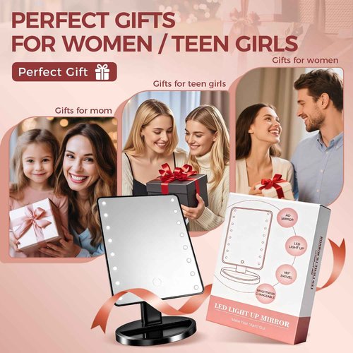 KOOKIN Lighted Vanity Makeup Mirror Led Lights 180 Degree Rotation Lighted Mirror Touch Screen Adjusted Brightness Desk Mirrors USB Dual Supply Bathroom Beauty Cosmetic Mirrors (Black)