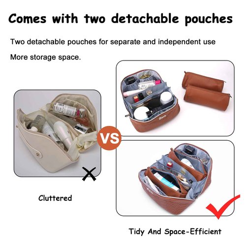 Travel Makeup Bags Cosmetic Organizer Bag: Quilted Make up Bag Set of 3 - PU Leather Toiletry Bags for Women - Portable Makeup Organizer with Compartments & Handle & Divider(14 Brown)