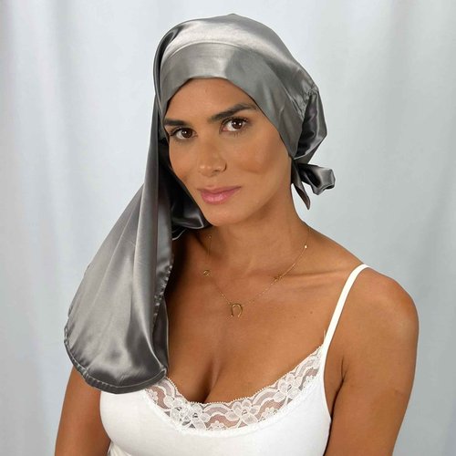 Reversible 100% Real Silk Long Hair Reversible Sleep Bonnet - Wide Band, Adjustable Tie, 22 Momme Mulberry Silk - Gunmetal