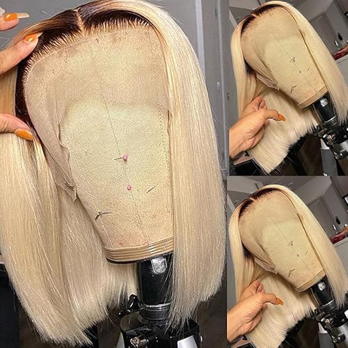Ombre Blonde Lace Front Wigs Human Hair,13X4 HD Bob Lace Front Wigs 12" 150% Density Ombre 1B/613 2 Tone Straight Human Hair Pre Plucked with Bleached Knots lUnprocessed Virgin Hair for Women