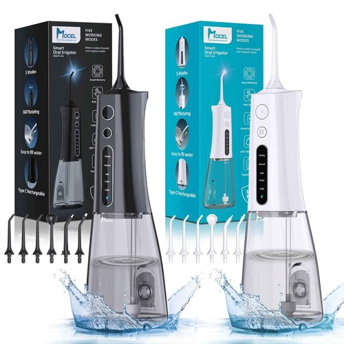 Water Dental Flosser Cordless Teeth Cleaning MOCEL 5 Modes Oral Irrigator 300ML Portable and USB C Cable Rechargeable IPX7 Waterproof Flossing Teeth Pick Irrigation Cleaner for Home Travel (Black)