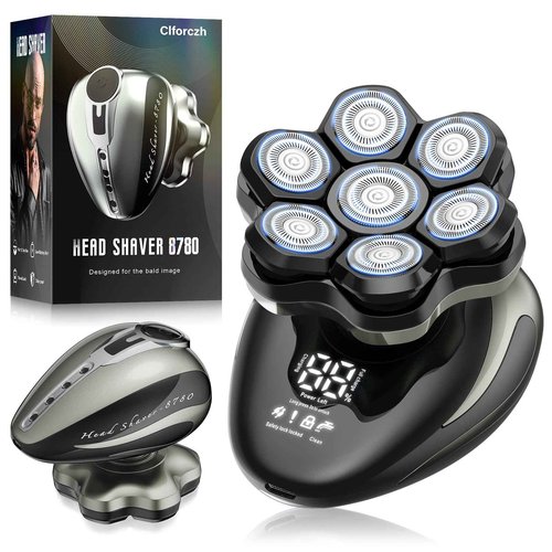 Clforczh Head Shavers for Bald Men: 7D Detachable Electric Razor - IPX6 Waterproof Wet Dry Rotary Shavers - LED Display Rechargeable Head Shaving with Fast Charging, Gray