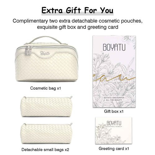BOYATU Travel Makeup Bags for Women: Large Cosmetic Bag - Vegan Leather Make up Bags Set of 3 - Protable Toiletry Bag Compact Organizer with Compartments (L09 Beige)