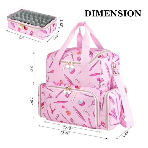 Extra Large Nail Polish Organizer Case Holds 80 Bottles and a Nail Lamp, Nail Organizers and Storage with 2 Removable Pouches, Travel Nail Supplies Carrying Bag for Nail Art Tech & Manicure Tools,Pink