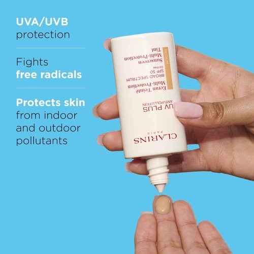 Clarins UV Plus Anti-Pollution, Broad Spectrum SPF 50 Tinted Face Sunscreen | Sheer Finish | Lightweight and Oil-Free | Triple Protection From UVA/UVB Rays, Free Radicals and Pollutants | Shade Medium