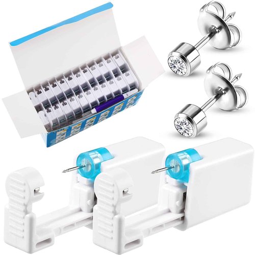 Chumia 24 Pieces Self Ear Piercing Tool Disposable Kit Household Ear Piercing Tools Safety Portable Nose Tools with 24 Pieces Crystal Earring Studs(Silver Earring)