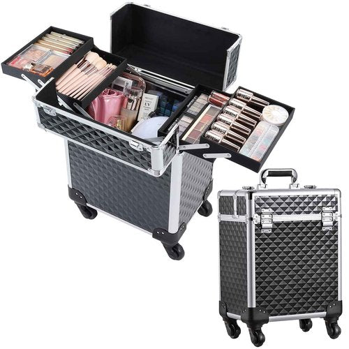 Mecucasi Rolling Makeup Train Case Large Cosmetic Trolley Organized Aluminum Barber Case for Hairstylist Makeup Nail Tech Salon with Keys Swivel Wheels Traveling Cart Trunk - Black