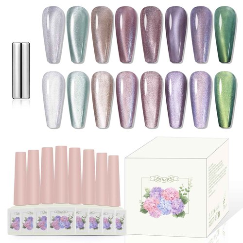 ADHERE 12ml 8pcs Magnetic Cat Eye Gel Nail Polish Kit with Magnetic Stick - Blue Purple Green Mint Silver White Glitter Shining Nail Gel Polish Magnetic Gel Nail Varnish Gel Gift for Women
