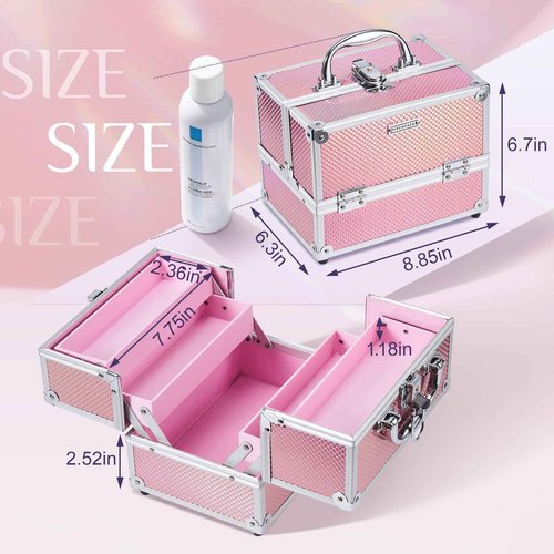 FRENESSA Makeup Train Case 8.85 Inch Portable Makeup Case Organizer Cosmetic Box Make Up Box Makeup Organizer Cosmetic Storage Cases with Locking Nail Kit Organizer Small Travel Case Mermaid Pink