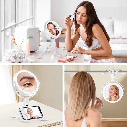 KOOKIN Travel Makeup Mirror with Lights and Magnification 1X/10X, Lighted Makeup Mirror, Rechargeable, 3 Color Lighting, Dimmable, 360° Rotation, Double Sided, Hanging Handheld Mirrors (White)