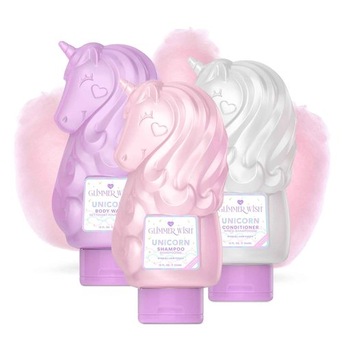 Glimmer Wish Premium Unicorn Shampoo + Conditioner + Body Wash, Vanilla Cotton Candy Scent, Dermatologist Tested, Sulfate & Sulfite Free, Paraben Free, PEG & EDTA Free, 100% Vegan, Cruelty & Gluten