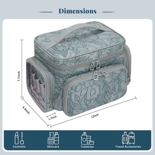 Large Makeup Bag, Portable Travel Makeup Bag Organizer for Women Girls with Makeup Brush Compartment & Two Side Pockets, Cosmetic Travel Bag Vertical Storage Toiletry - Floral Blue
